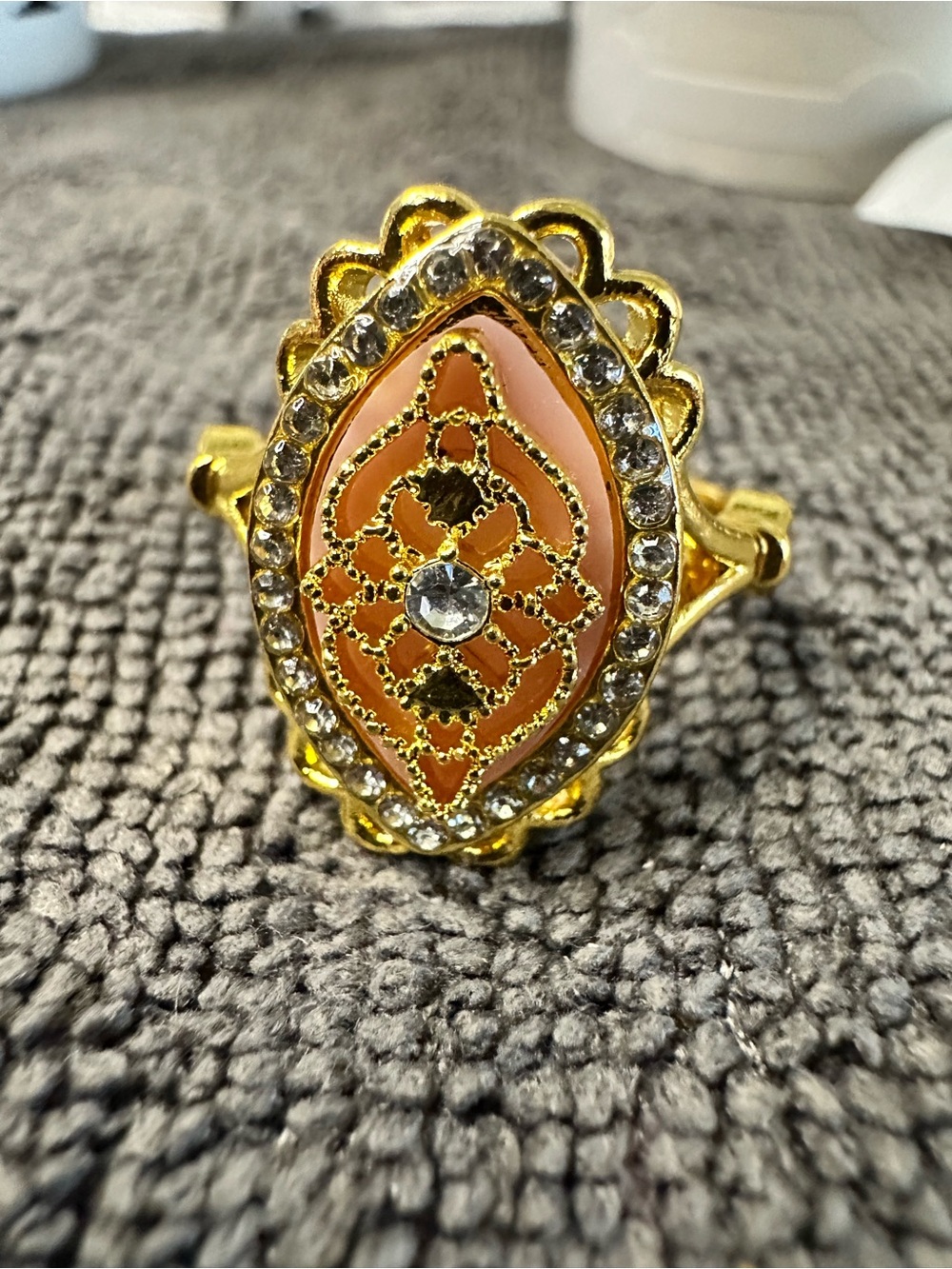 Ring Gold-Tone Orange Enamel Filigree Ring with Clear Stones size 9.5